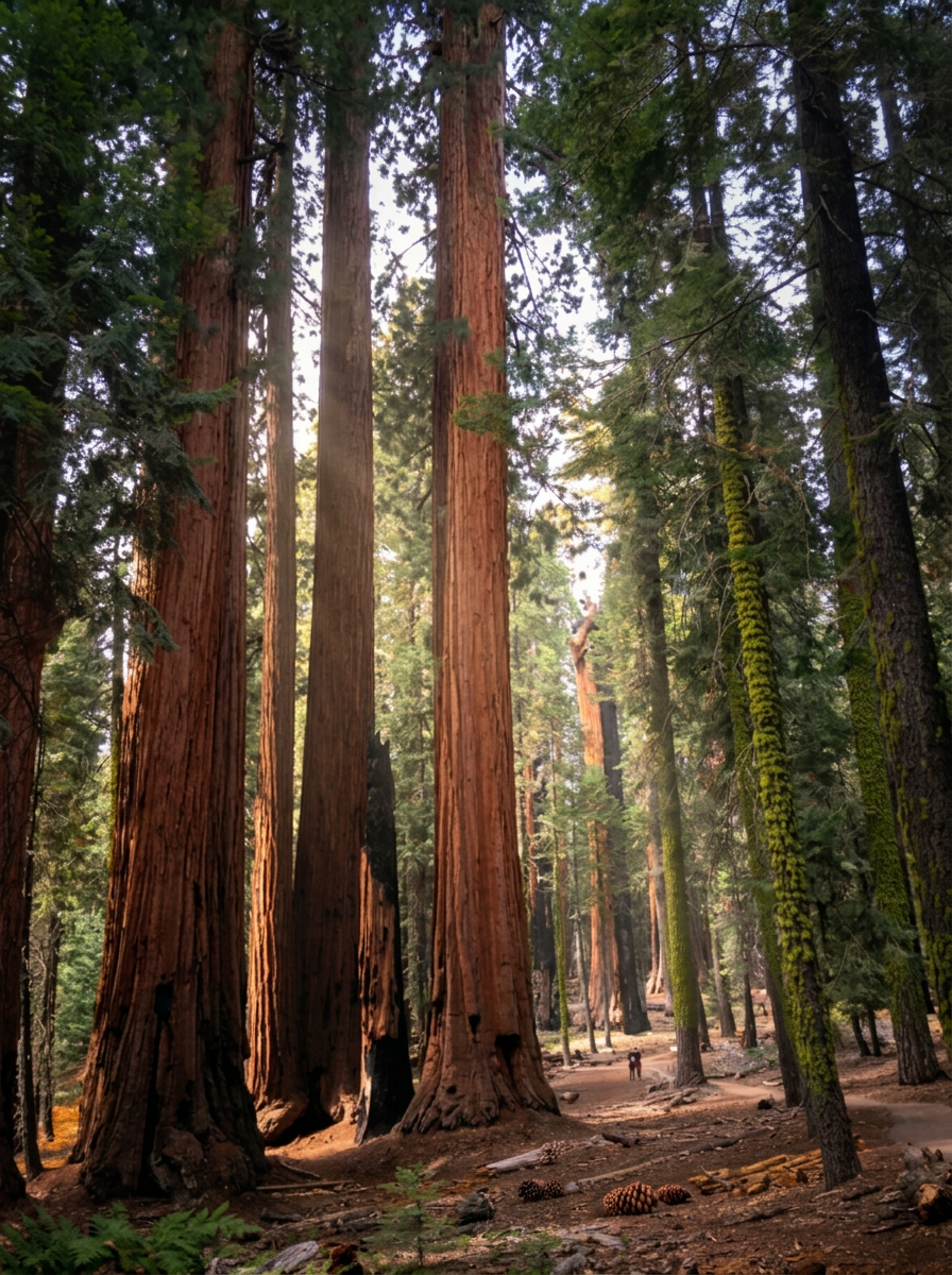 Sun shining through giant sequoia trees